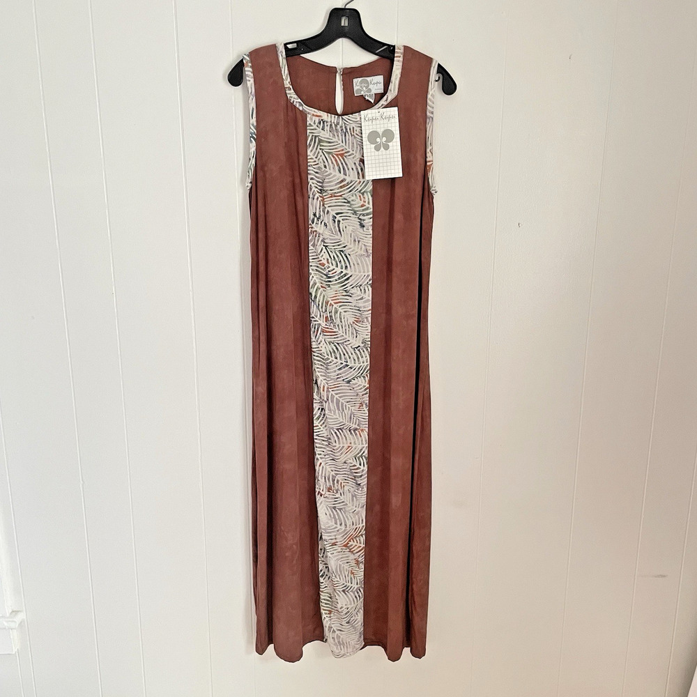 Rust Sleeveless Midi Dress Tropical Art to Wear Tie Back Boho Resort Rayon S NWT
